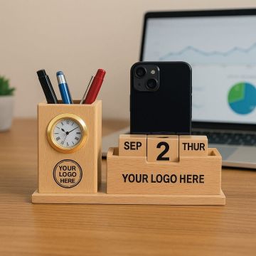 Wooden Desk Organizer with Clock & Calendar – 4-in-1 | 100% Pure Wood
