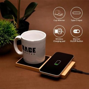 2-in-1 Wireless Charger with Cup Warmer – Bamboo | 15W Charging