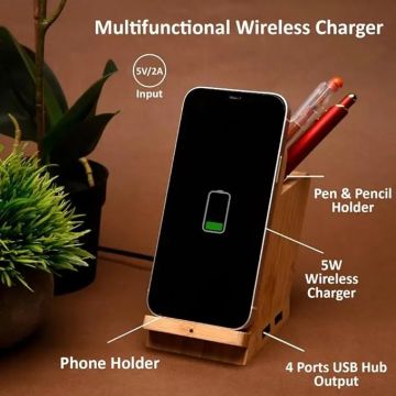 Bamboo Wireless Charger with Pen Stand – 15W + 4-Port USB Hub